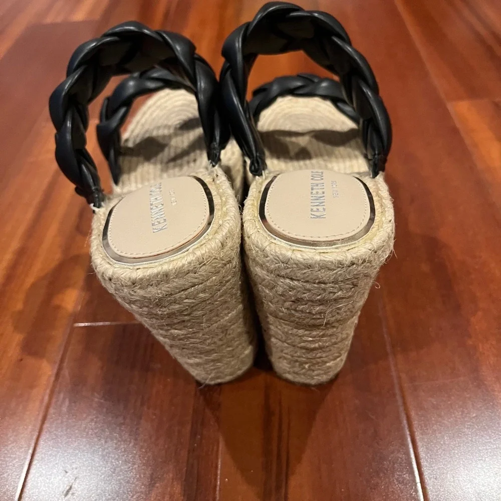 Black Espadrille Wedge Sandals Shoes Kenneth Cole Olivia Braid Rattan New Sz 9.5